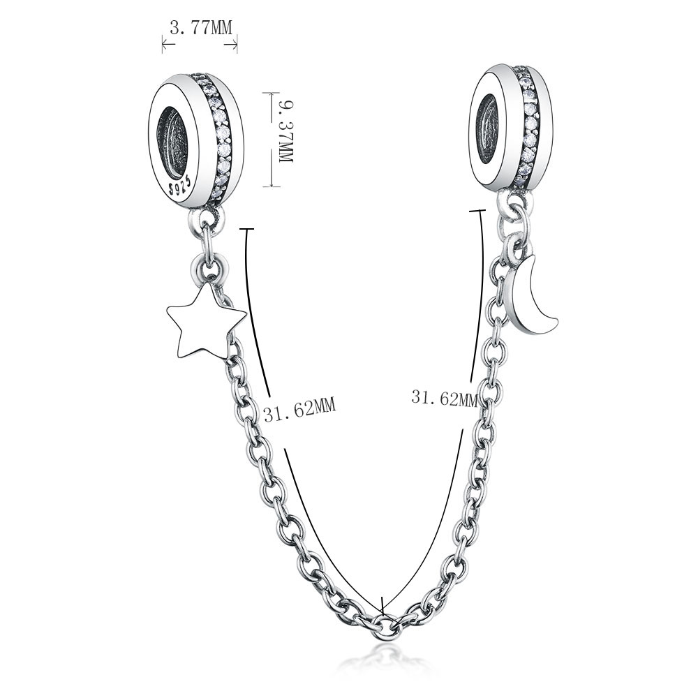 Authentic 925 Sterling Silver Moon Star Dangle Safety Chain Beads Fit Original Brand Charm Bracelet DIY Jewelry Making Berloque