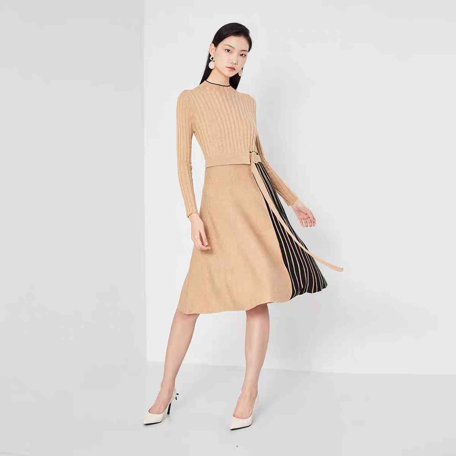 elegant lady midi dress patchwork striped blue flare long sleeve office robe dresses autumn winter plus size 210421