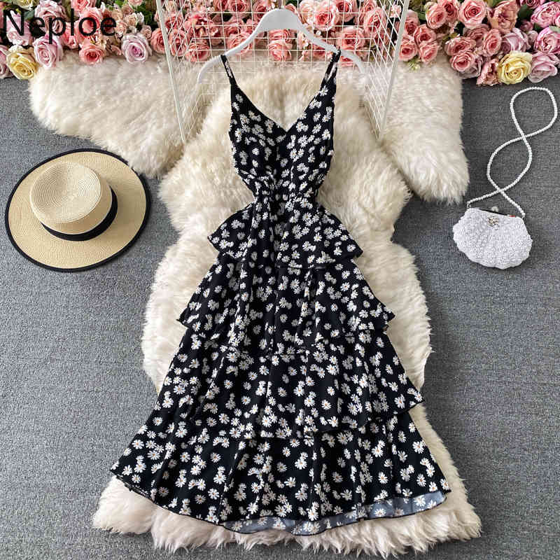 Neploe Summer Vestidos Mujer Floral Chiffon Robe V-neck Backless Sling Dress Korean Slim Elegant Cake Dresses 95498 210422