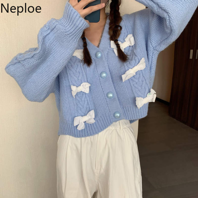 Neploe Woman Sweaters Chic Sweet Bow Knitted Cropped Cardigan Spring Colthes Loose V-neck Long Sleeve Sueter Coat Femme 210422
