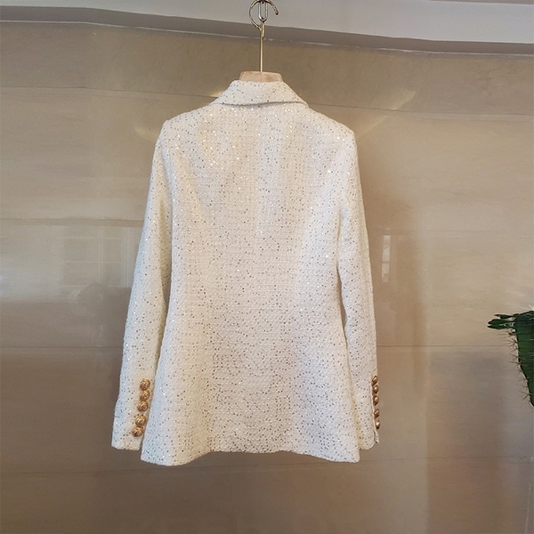 High-quality Double Breasted Woven Tweed Women Blazer Notched Collar Jacket Spring Autumn Elegant Ladies Coat 210506