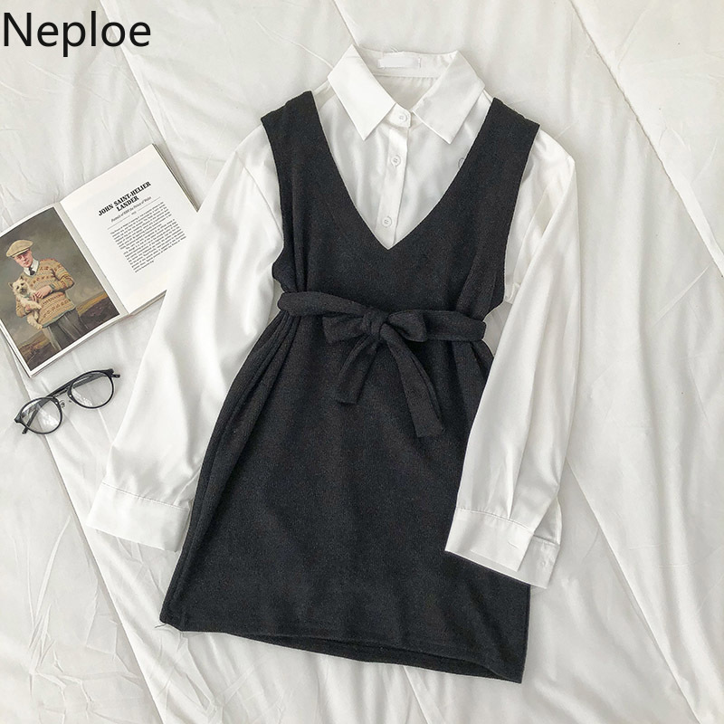 Neploe 2 Piece Set Women Fashion Suit Vintage Knitted Vest Dress Loose White Shirt Tops Femme Roupas Korean Two Piece Set 210422