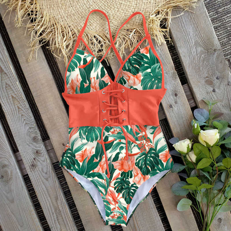 Abdomen Control Wasit Push Up Swimsuit Print Swimwear Vintage Retro Bathing Suits Bodysuit Beach Wear Backless 210611