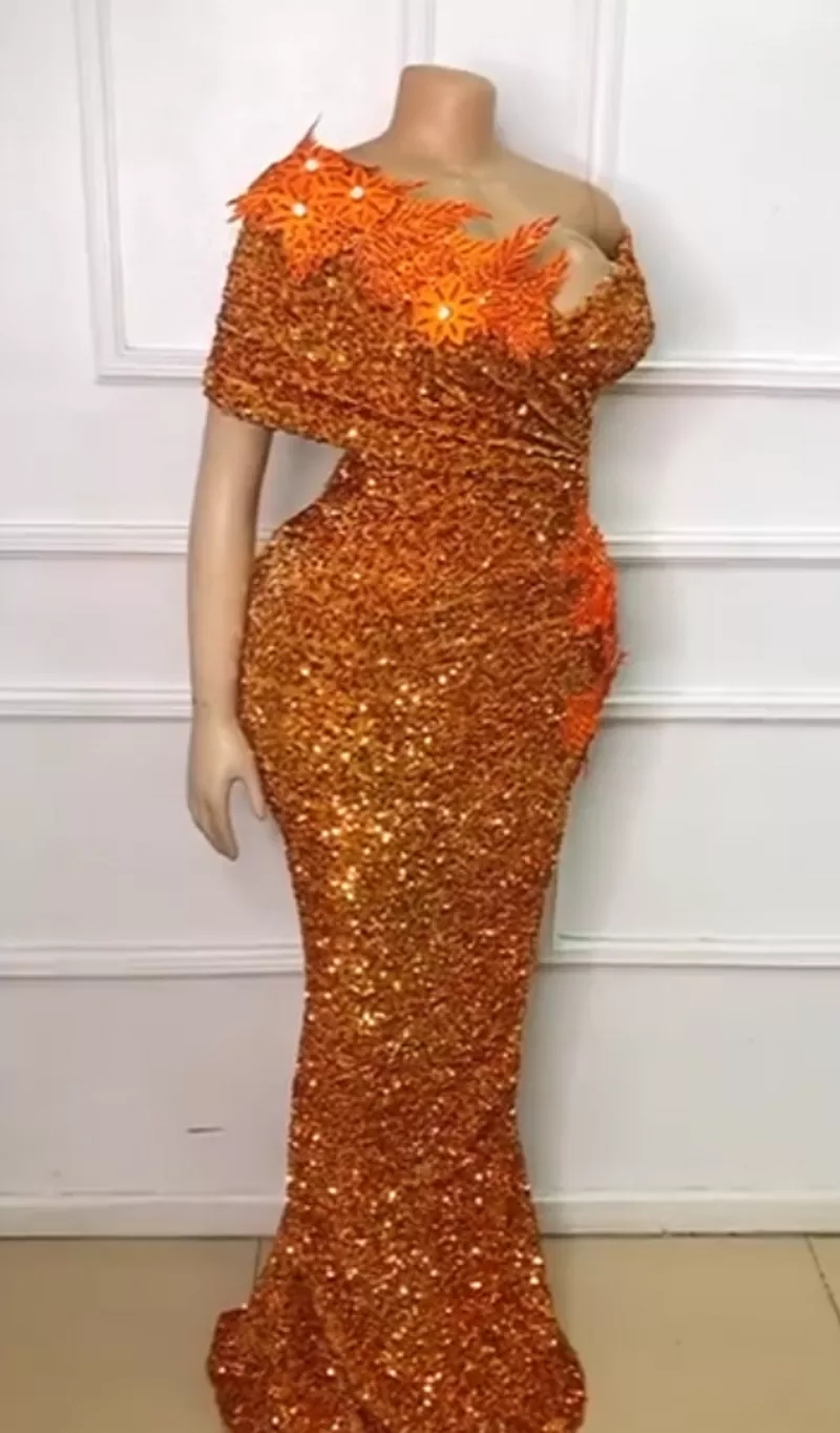 Sexy Orange Mermaid Evening Dresses Sparkly Plus Size Off Shoulder Long Sleeve African Aso Ebi Prom Gowns vistido de festa