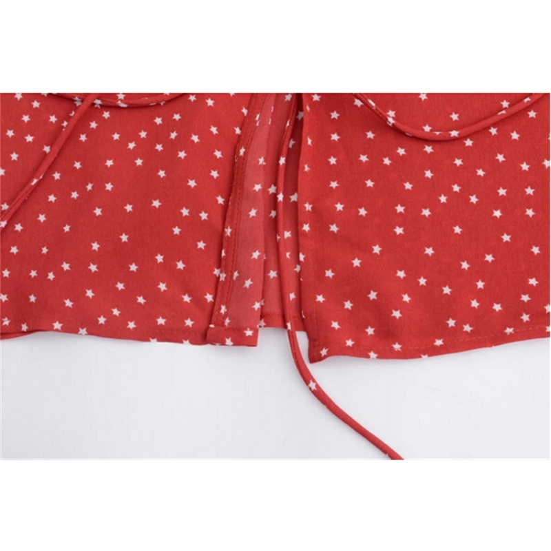Vintage Bow Tie Closure Star Print Kimono Shirt Retro Woman Long Sleeve V Neck Blouse 210429