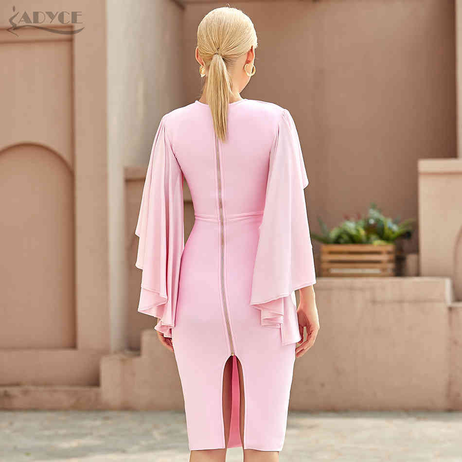 Summer Women Pink Ruffles Bodycon Bandage Dress Sexy O Neck Midi Celebrity Evening Club Party Chic Ladies Dresses 210423