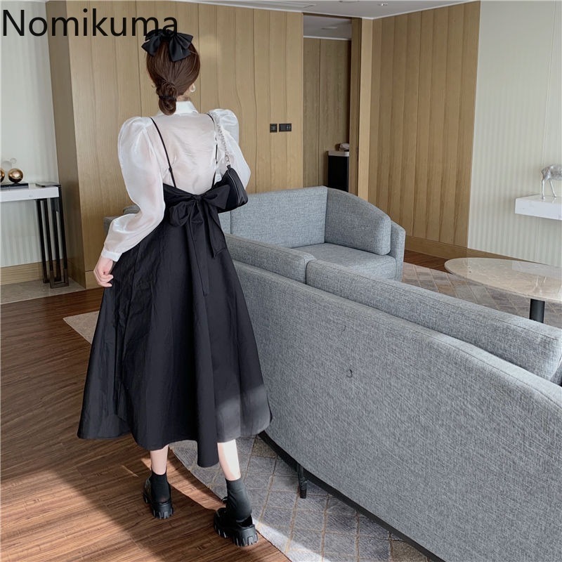 Nomikuma Korean Sweet Women Sets Elegant Puff Sleeve Blouse Shirt + Bow Bandage Sling Dress Spring Two Pieces Sets 6F746 210427
