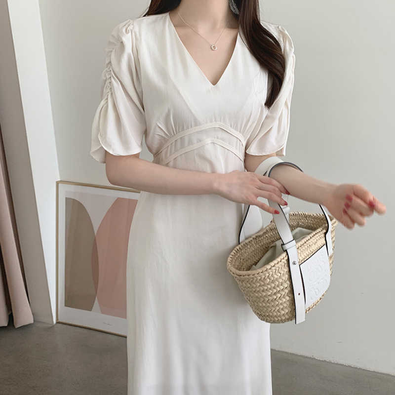 Korejpaa Women Dress Summer Korean Chic French Elegant V-Neck Tie Waist Slimming Solid Color Pleated Short-Sleeved Vestidos 210526