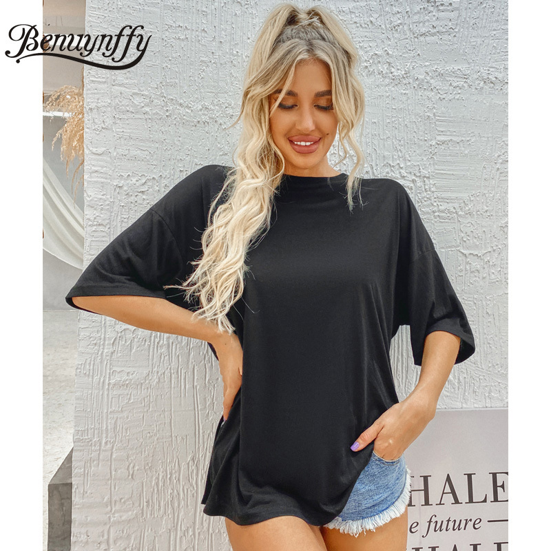Black Cutout Tie Back Split T-Shirt Women Summer O-Neck Short Sleeve Loose Tee Clothes Street style Tops for Woman 210510