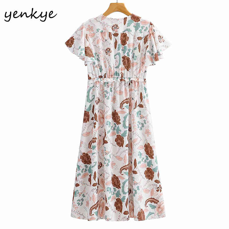 Holiday Casual Dress Women V Neck Short Sleeve Floral Print Elegant Female A-line Midi Summer Prairie Chic Vestido 210430