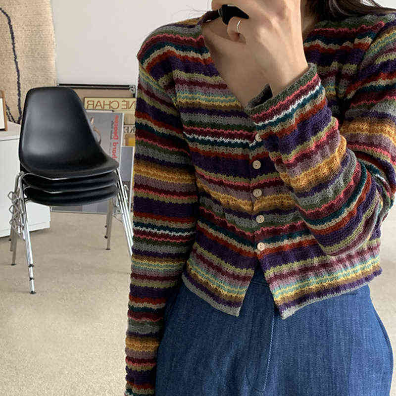 Flectit Womens Vintage Multi Striped Cardigan Button Up Crop Sweater Slim Fit Knitted Top Korean Fashion Alternative Girl Outfit 211117