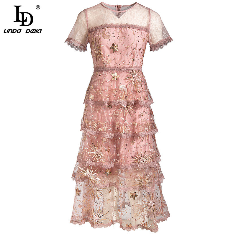 Summer Fashion Runway Elegant Party Dresses Women Gorgeous Lace Sequined Mesh Overlay Holidays Midi Dress 210522