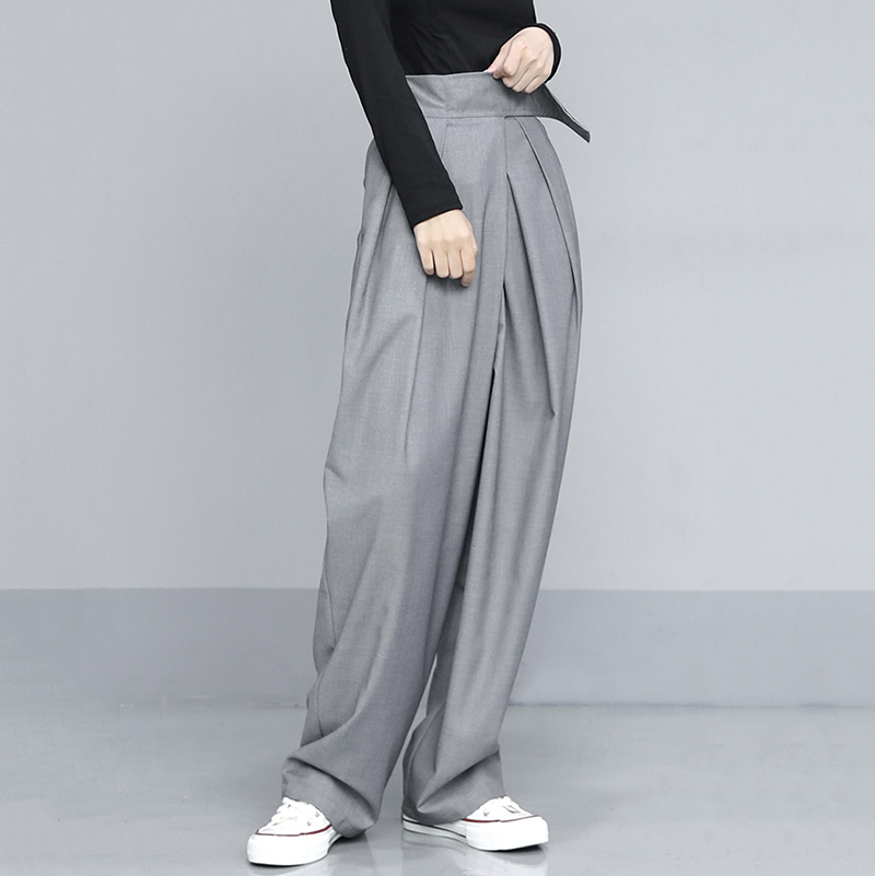 [EAM] High Waist Pleated Gray Brief Long Wide Leg Trousers New Loose Fit Pants Women Fashion Tide Spring Autumn 1T735 210319