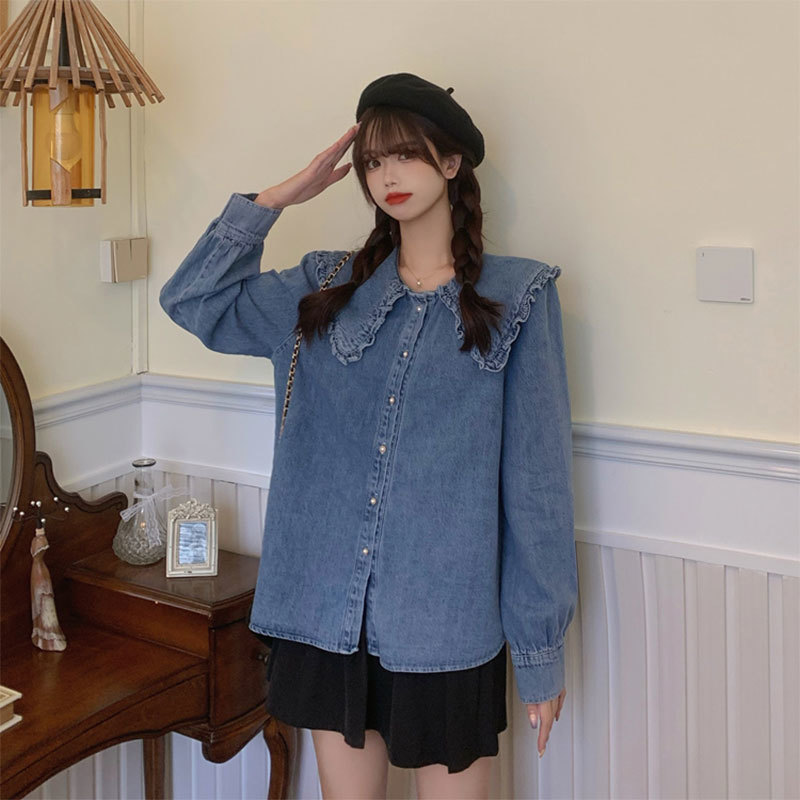 Arrival Spring Autumn Preppy Style Women Long Sleeve Loose Denim Shirts Peter Pan Collar Ruffles Cute Blouse Plus Size V90 210512