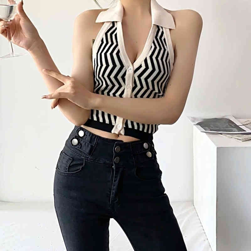 Nomikuma Knitted Short Tank Tops Korean Hit Color Striped Vest Summer Single Breasted Tops Halter Backless Slim Tanks 6G623 210427