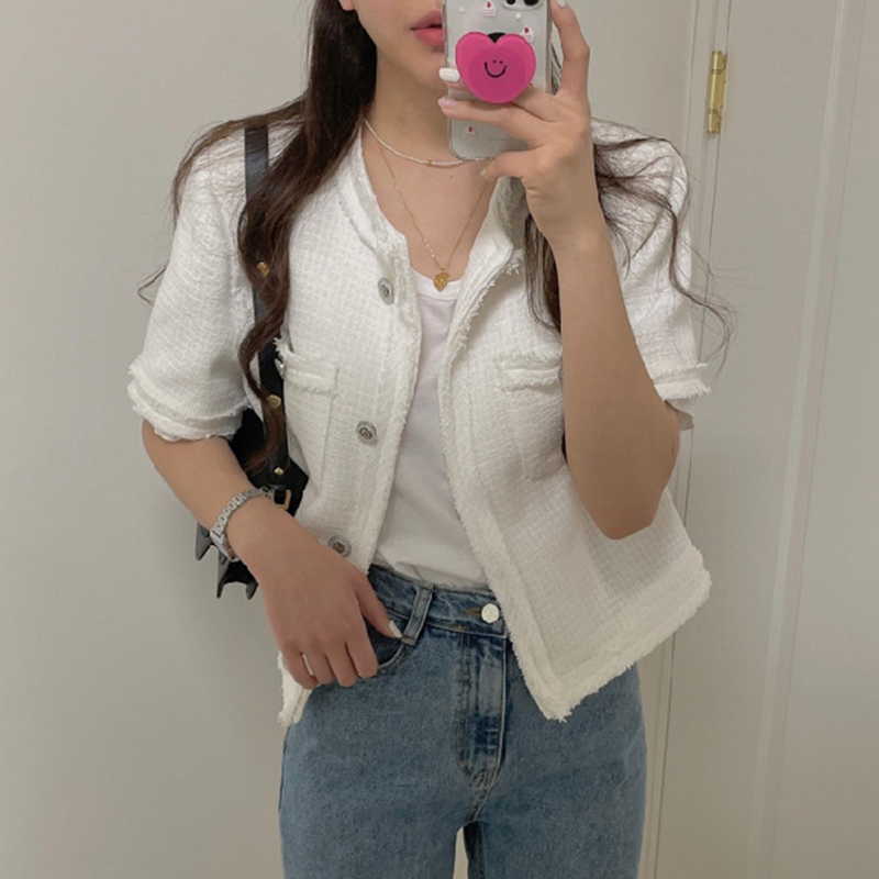 Women Jacket Summer Korean Chic French Retro Round Neck Raw Edge Design Single-Breasted Loose Short Pocket Coat 210514