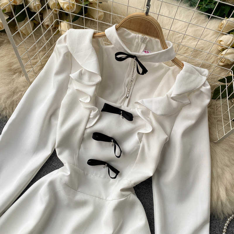 Spring Fashion Women Color Contrast Bow Long Sleeve High Waist Slim A-line Dress White Black Casual Clothes Vestidos R312 210527