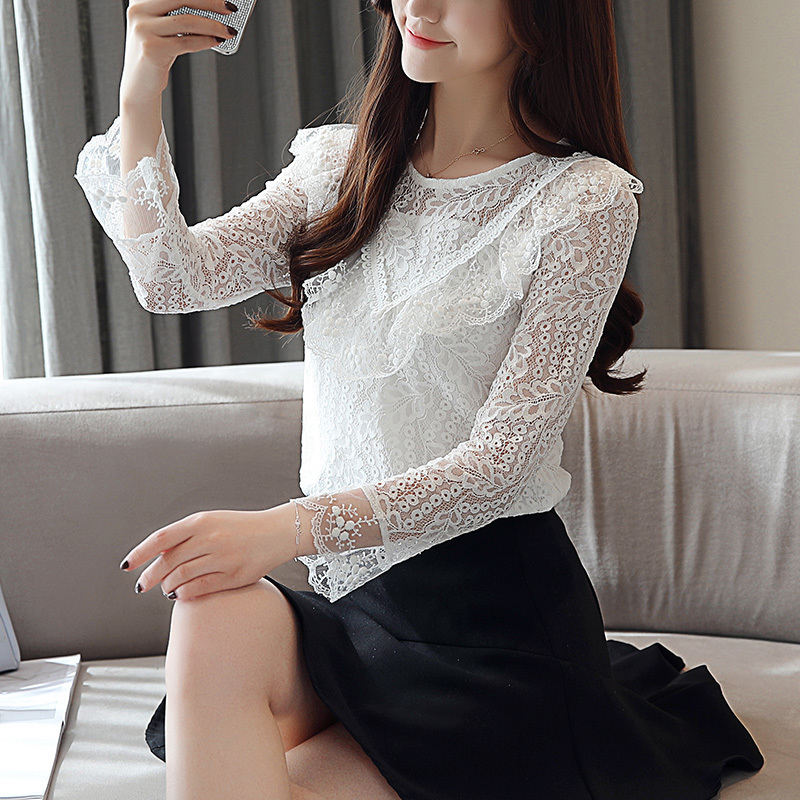 dames blouse zomer sexy hollow lace shirt flare long sleeve women shirts ruffles o-neck tops 2626 50 210427