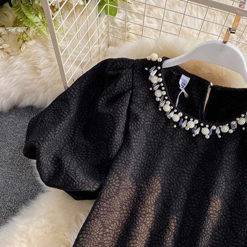 Puff Short Sleeve Chiffon Blouses Causal Korean Beads O-neck Women Tops Summer Elegant Blusas Shirt 6G872 210603
