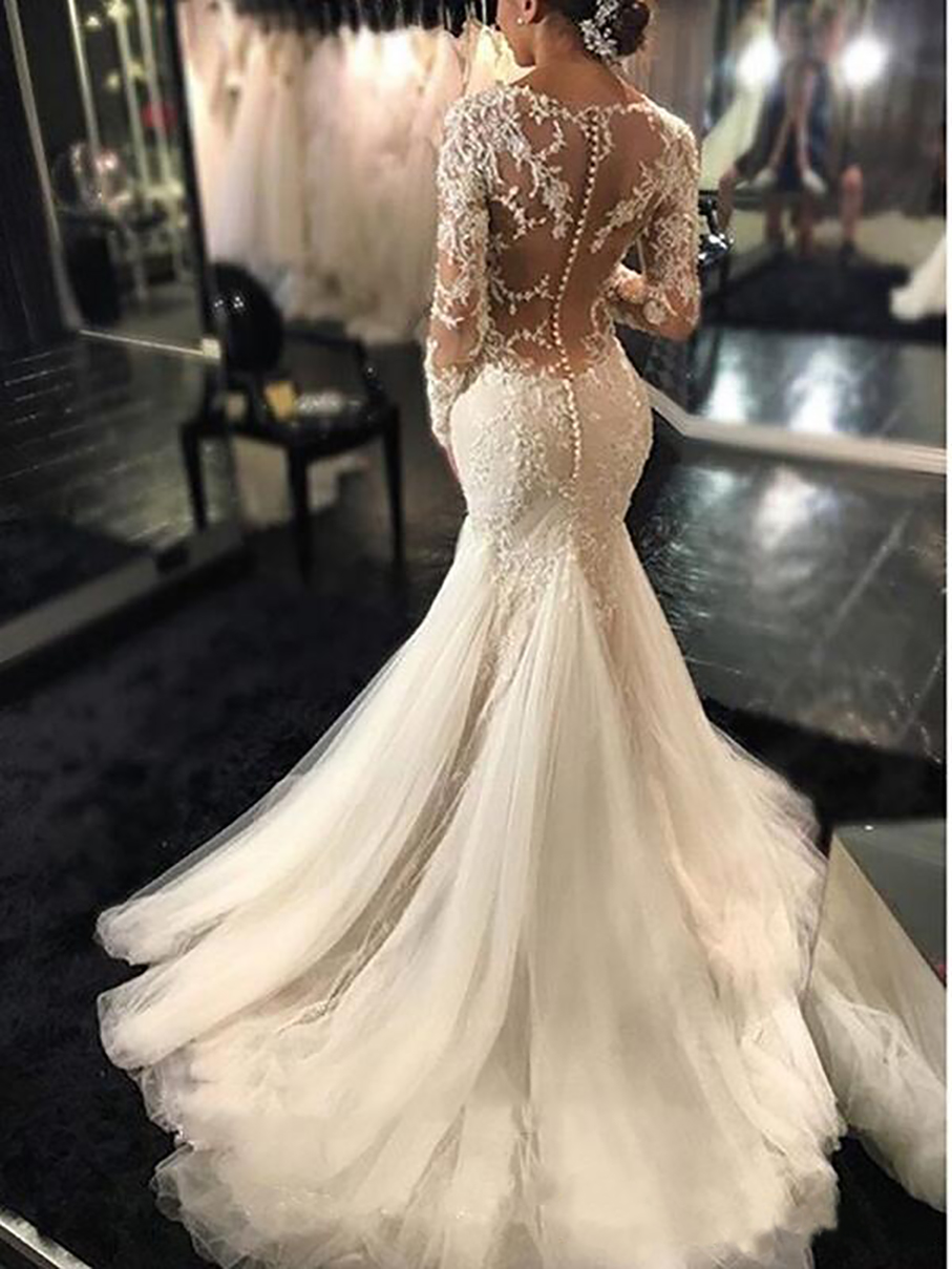 Long Sleeve Lace Appliques Beaded Mermaid Wedding Dresses With Sweep Train