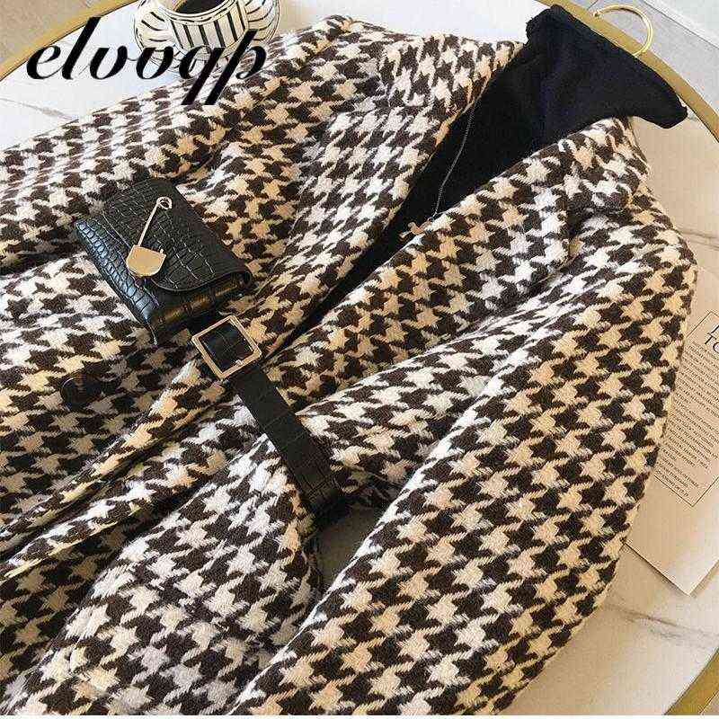Autumn Winter Blazer Woolen Coat Women Fashion Elegant Double Breasted Houndstooth Thick Office Work Jacket Suit With Waist Bag 211116