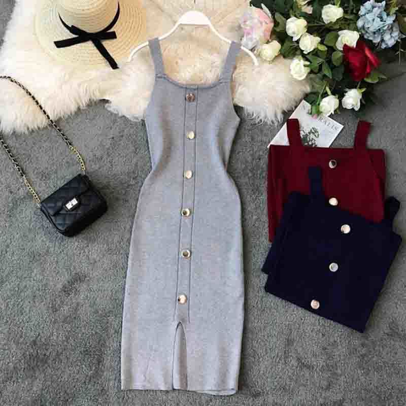Women Summer Runway Knitted Dress Elegant Button Sleeveless Spaghetti Strap Split Sexy Dress Elastic Slim Knit Vestidos 210521