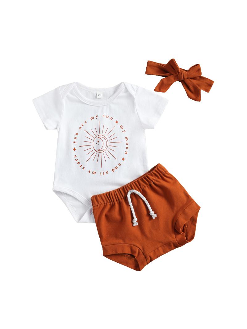 Clothing Sets Baby Girls Boys Clothes Floral Print Short Sleeve Romper Shorts Headband 3pcs Outfits, White