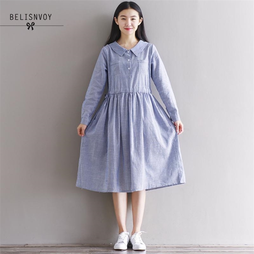 Mori Girl Dress Autumn Women Students Literary Striped Long Sleeve Peter Pan Collar Cotton Linen 210520, Blue
Mori Girl Dress Autumn Women Students Literary Striped Long Sleeve Peter Pan Collar Cotton Linen 210520, Blue