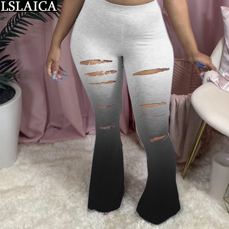 Sexy Pants Women Tie Dye Print Hole Ladies Mid Waist Trousers Streetwear Fashion Flare Casual Female Plus Size 210515