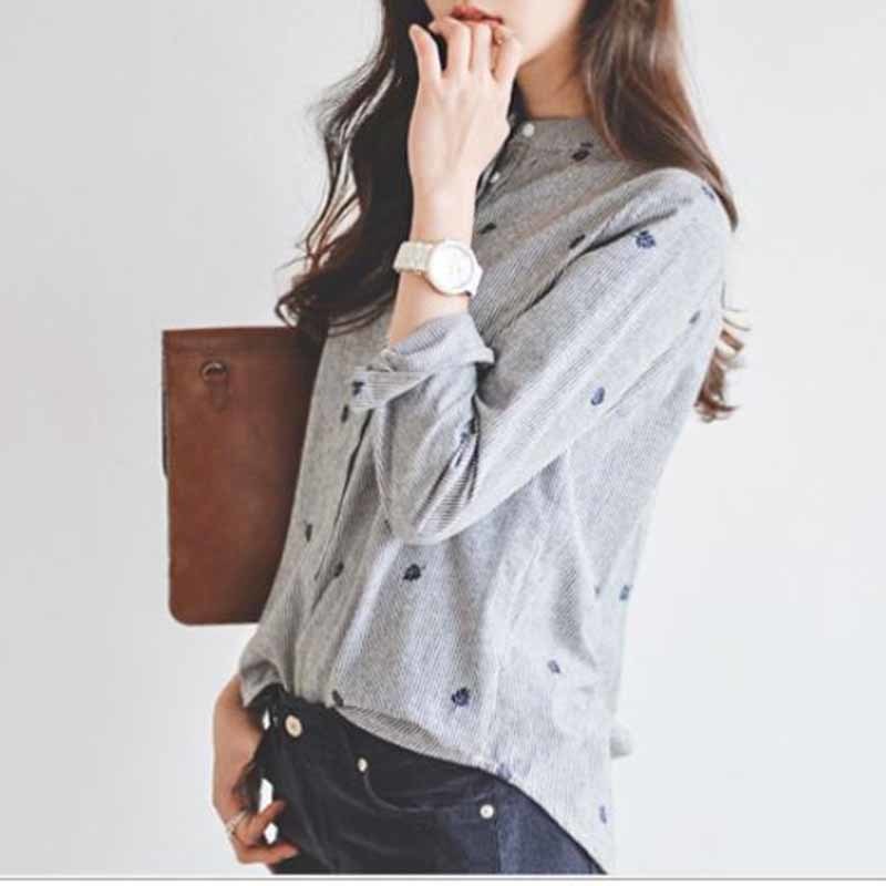 Fashion Grey Striped Women Long Sleeve Leaf Embroidery Blouse Shirt Women's Clothing Office Lady's Tops Blusas 335F 30 210518