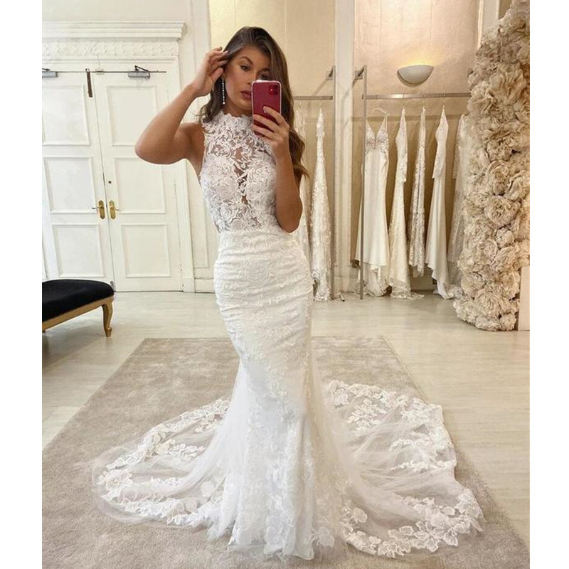 Stunning Elegant Mermaid Wedding Dress High Neck Halter Sleeveless Lace Appliques Illusion Backless Bridal Gowns Court Train, White
Stunning Elegant Mermaid Wedding Dress High Neck Halter Sleeveless Lace Appliques Illusion Backless Bridal Gowns Court Train, White