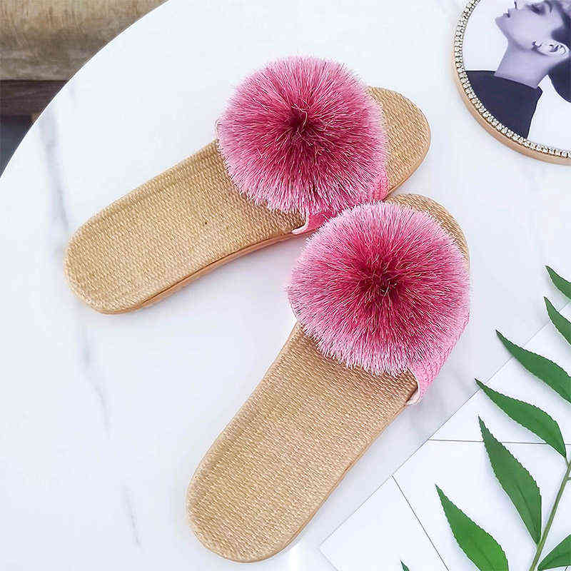 Women Slippers Summer Cute Sweet Flat Pompom Hemp Females Furry Indoor Casual Footwear Fashion Home Slides 211110