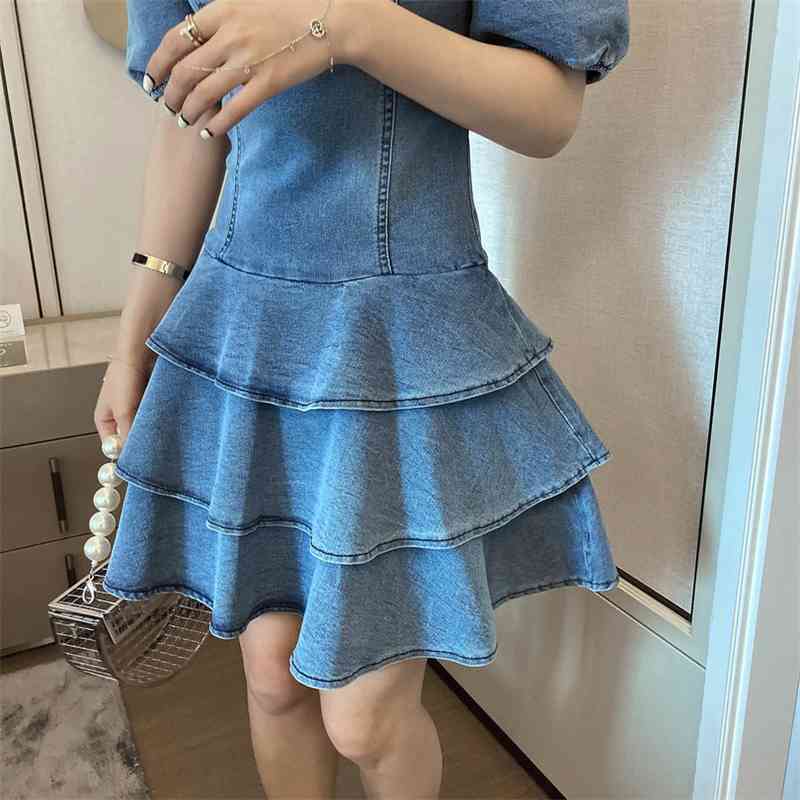 Casual Short Sleeve Sexy Backless Cross Straps Denim Dress For Women Summer Layered Cake Female Fashion Vestidos 210520
