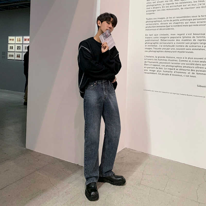 IEFB Autumn vintage jeans men's Korean fashion straight tube loose casual pants split bottoms trendy denim trousers 9Y4515 211011