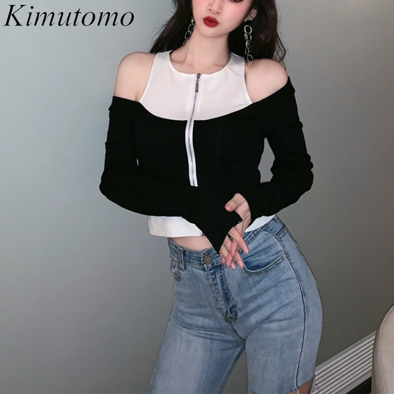 Kimutomo Casual Patchwork T-shirt Women Off Shoulder O-neck Long Sleeve Slim Waist Zipper Short Top Female Streetwear Chic 210521, Black
Kimutomo Casual Patchwork T-shirt Women Off Shoulder O-neck Long Sleeve Slim Waist Zipper Short Top Female Streetwear Chic 210521, Black