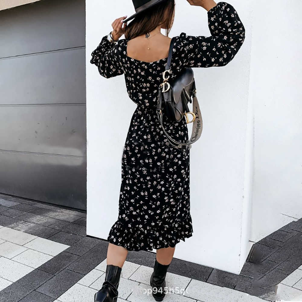 Spring Long Sleeve Floral Midi Woman Dress Summer Fashion Square Collar Ruffles Black Dresses For Women Casual Vestidos 210630