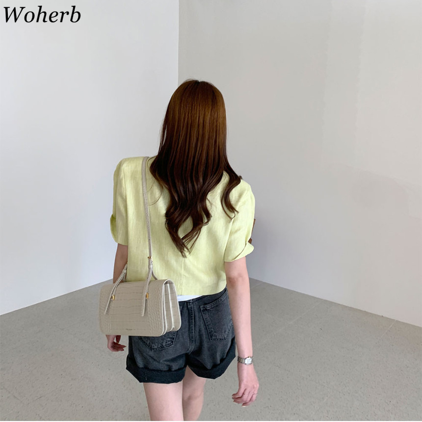 Women Summer Vintage All-match Outwear Korean Fashion Casual Short Sleeve Single Breasted Jacket Chic Coat 210519