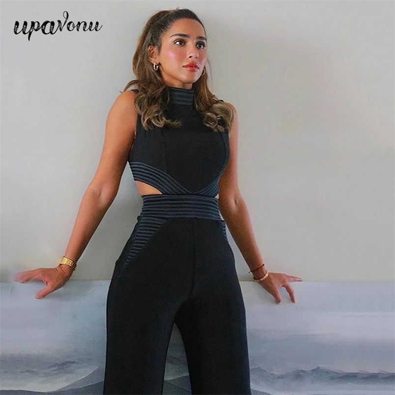 Free Summer Women Black Bandage Jumpsuit Stand Collar Sleeveless Hollow Elegant Bodycon Club Party Flare 210524