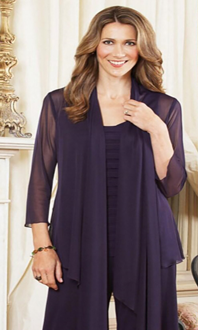 2021 Elegant Purple Plus Size Mother Of The Bride Pants Suits With Jacket Womens Chiffon Long Sleeve Mother Formal Dress For Wedding