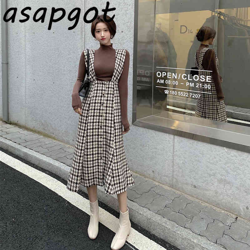 Temperament Slim Plaid Tank Dress Women Autumn Winter Retro Mermaid Turtleneck Puff Sleeve Tshirt Fashion 210429