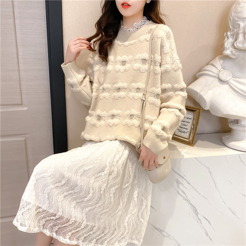 Autumn And Winter Women's Mid-length Pullover Sweater Scarf Two-piece Korean Loose Fashion Base 210427