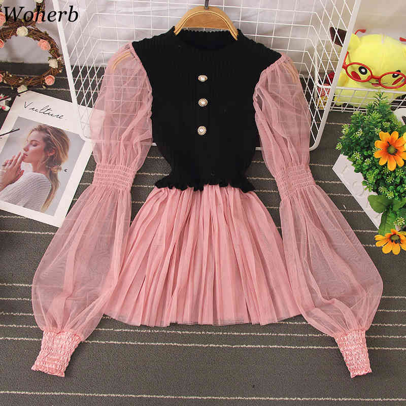 Chic Korean Blouse Women O-neck Pleated Ruffles Shirts Knitted Patchwork Gauze Blouses Lantern Sleeve Sweet Tops 210519