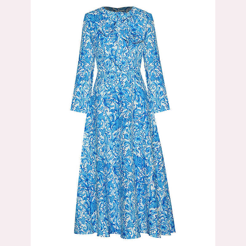 HIGH QUALITY est Fashion O-Neck Wrist Sleeve Blue And White Porcelain Printed Dress 210526
HIGH QUALITY est Fashion O-Neck Wrist Sleeve Blue And White Porcelain Printed Dress 210526
