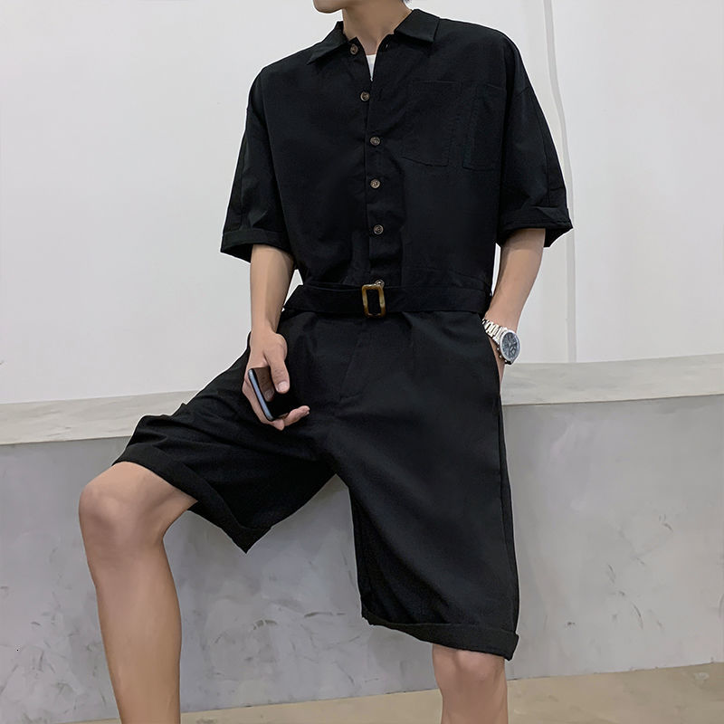 IEFB Jumpsuit Men's Summer Fashion Loose Workwear Overalls Shorts Short Sleeve Lapel Single Breasted Wide Leg Pants 9Y7709 210524