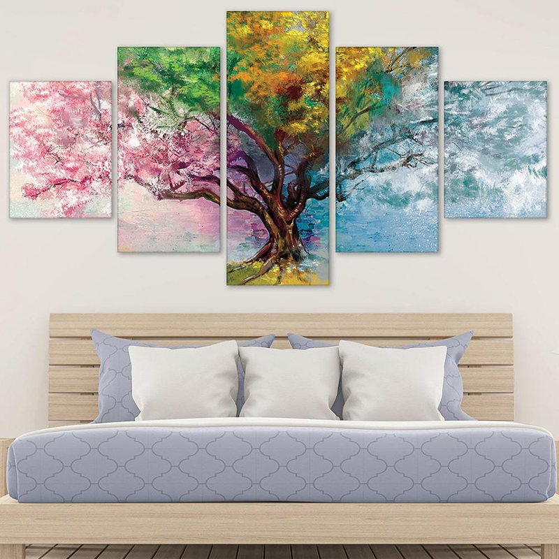Abstract Art 5 Panels Four Season Tree Posters Landscape Pictures Canvas Prints Painting Wall Art for Living Room Bedroom Modern Home Decor