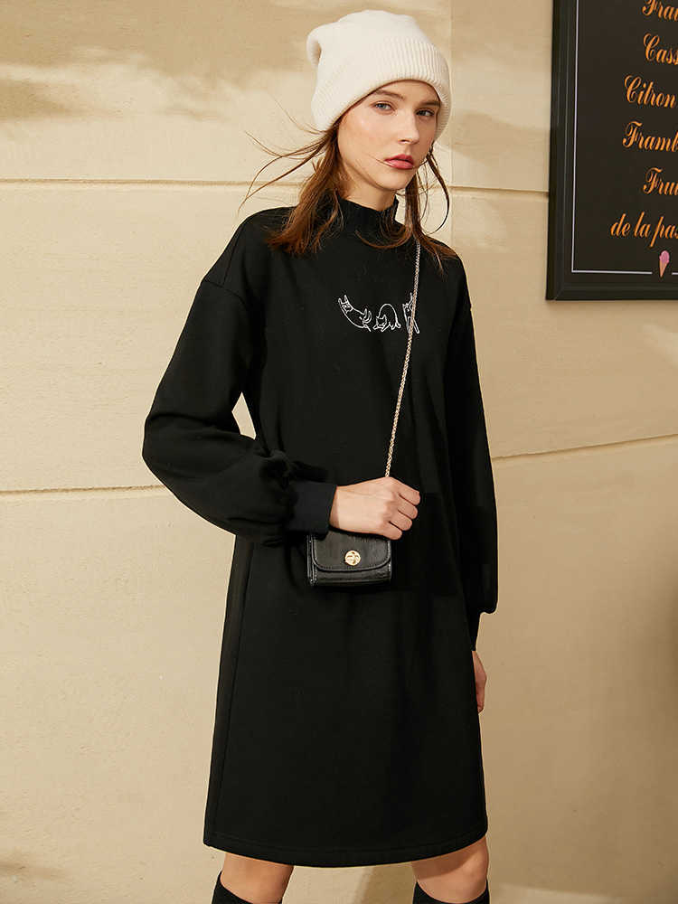 Minimalism Winter Fashion Sweatershirt Dress Causal Turtleneck Embroidery Lantern Sleeve Women For 12030324 210527