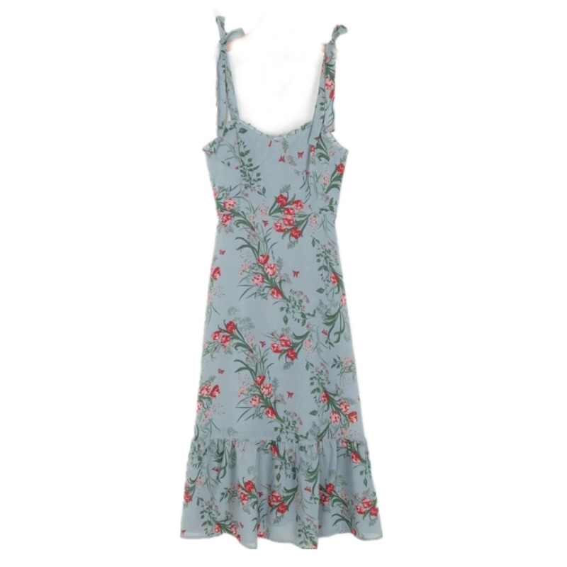 Vintage French Women Dress Ruffle Wood ears Floral Print Tie bow Elastic Spaghetti Strap Mid-Calf Dresses Holiday Female Clothes 210429