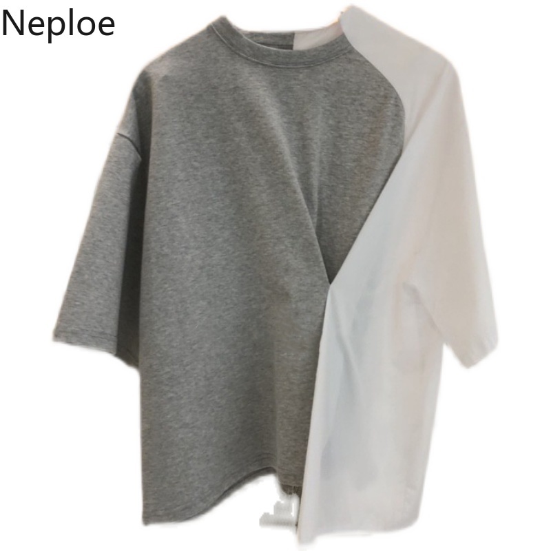 Neploe Korean Tops Summer Women Fashion Clothing O-neck Irregular Shirt Patchwork Contrast Color Tees Loose Casual Tshirt 210422