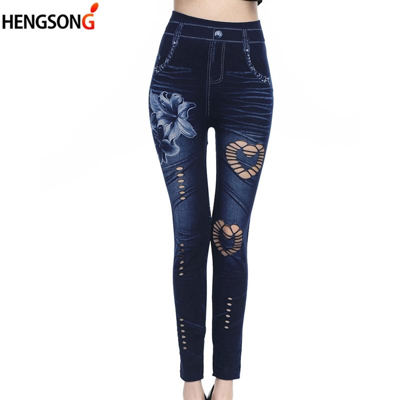 Plus Size Women Jeans Leggings Fashion High Waist Female Flowers Print Ankle-Length Pants Hollow Denim Leggins Women's