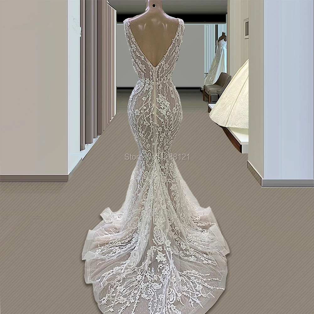 Full Lace Sheer Modern Neck Mermaid Wedding Gowns 2021 Plus Size Sweep Train Sexy Backless Robe De Marriage for Arabic Women